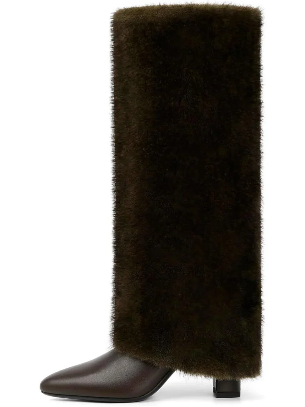 Women's Brown Fur Pointed Toe Chunky Heel Faux Leather Over The Knee Boots